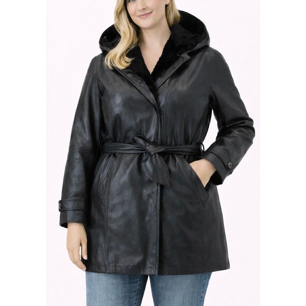 Vintage Leather black hooded faux fur lined trench jacket M
